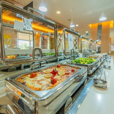 Un gros plan sur un buffet appétissant présentant différents plats chauds.