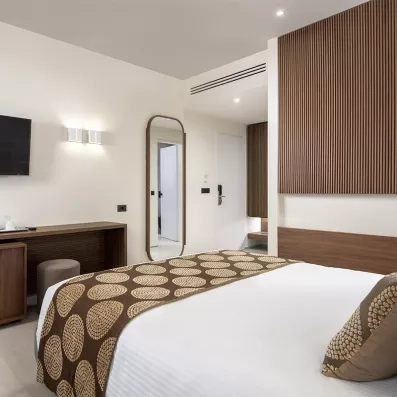 Chambre avec lit double, miroir, commode, TV