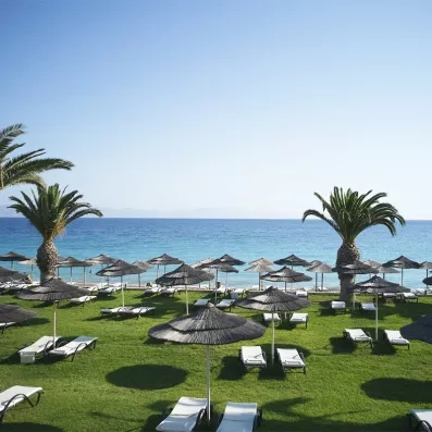 mer, plage, soleil, parasols, transats, palmier, sable dorée