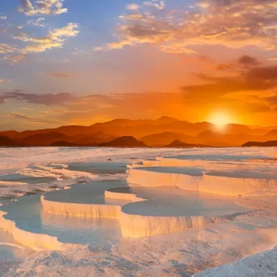 Vasques de calcaire au coucher du soleil sur le site de Pamukkale en Turquie