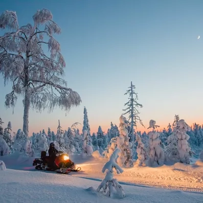 Balade en motoneige en Laponie, aventure hivernale à travers forêts enneigées en Finlande