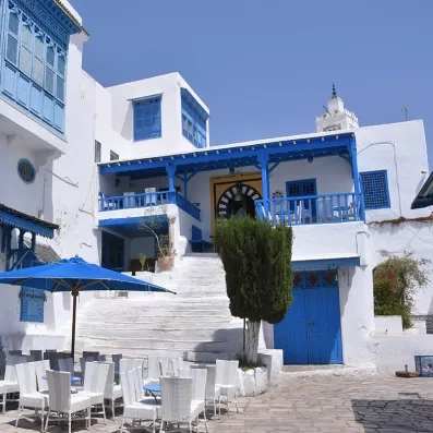 maison blanche et bleue avec escalier typique du village pittoresque de Sidi Bou Said