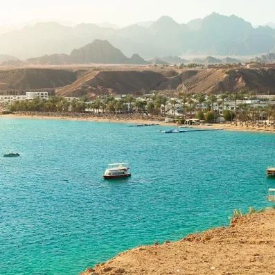 Plage de Sharm el-Sheikh avec palmiers et parasols, mer Rouge turquoise et ambiance balnéaire ensoleillée.