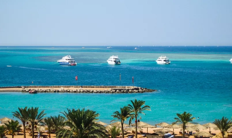 Plage de la mer Rouge avec palmiers et parasols, eau turquoise et ciel dégagé, illustration du climat ensoleillé d’Égypte.