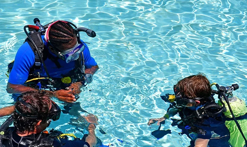 3 personnes dans une piscine faisant un baptème de plongée