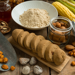 Gofio des Canaries, farine de céréales typique de Tenerife, présenté avec ingrédients locaux sur une table en bois.
